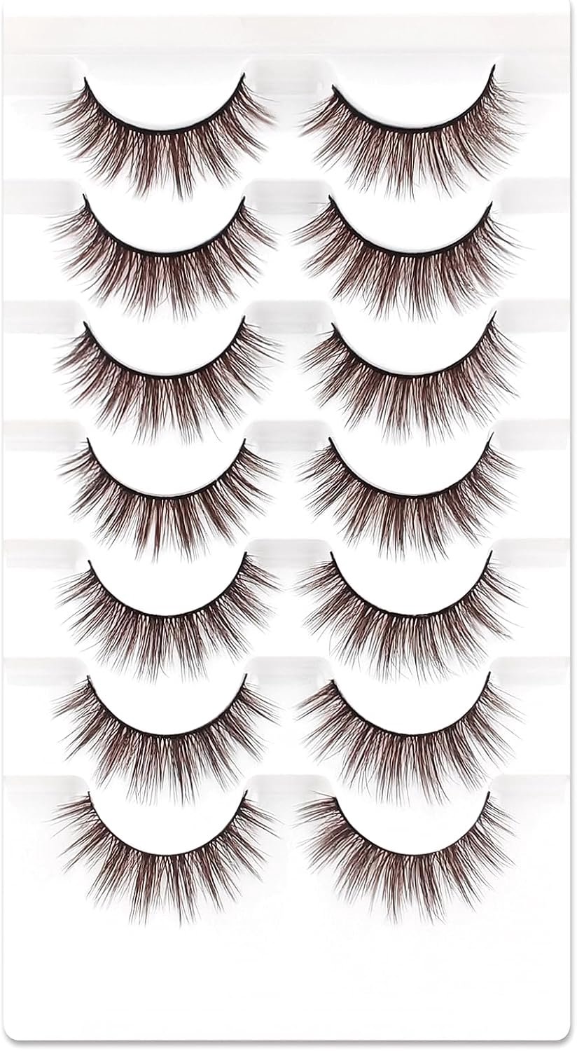 7 paar 3D bruine valse wimpers, kattenoog, pluizig volume, krullend, kattenoog, kunstwimpers, natuurlijke look, herbruikbaar, handgemaakt, faux nerts make-up wimpers (B-H7)