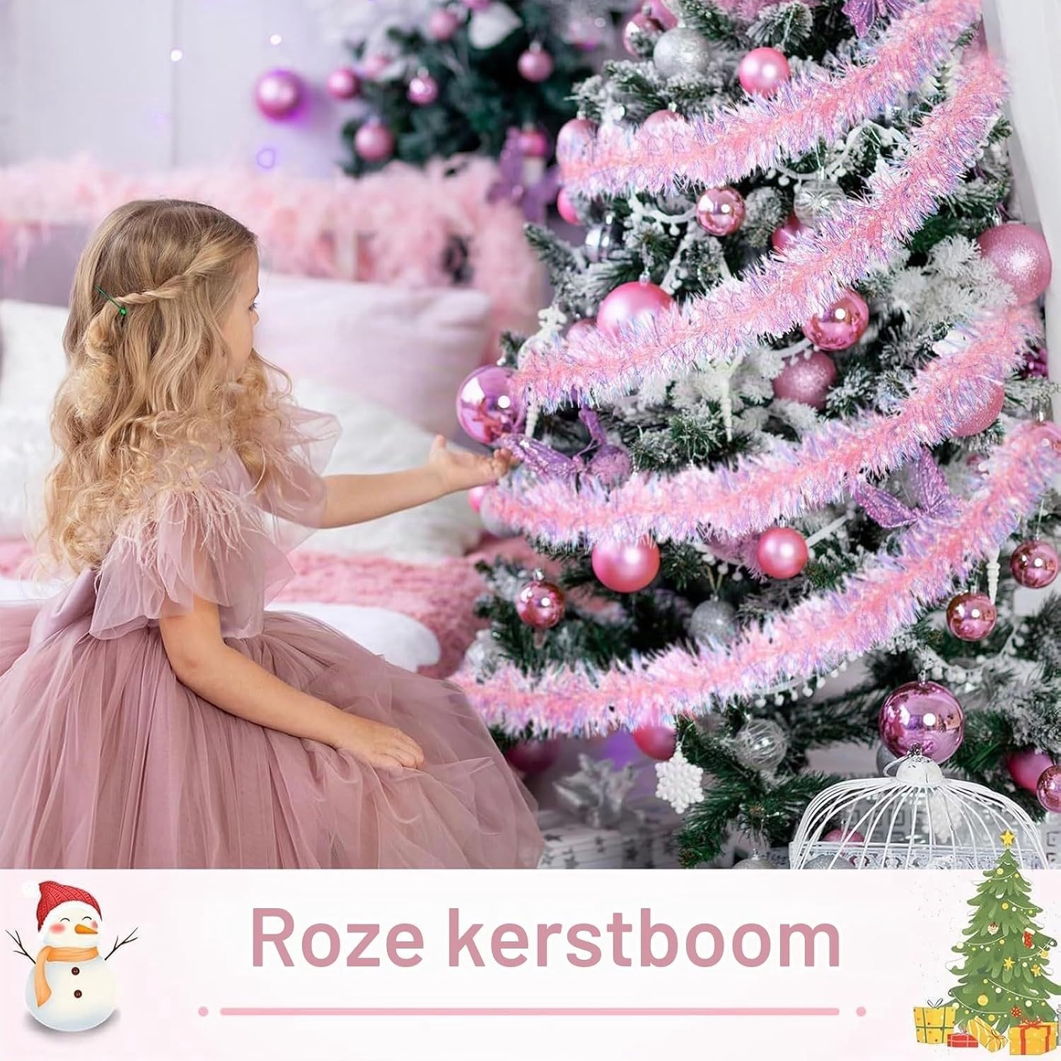 Kerstversiering: 5-delige set van 2m roze glanzende tinsel slingers voor kerstboom, trappen en feestdecoratie, ideaal voor thuis en op kantoor