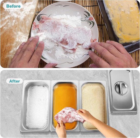 Gucass Paneerschalenset 3-delig met deksel van roestvrij staal GN 1/3 container 32,5 x 17,5 x 6,5 cm - rechthoekige metalen gastronomische containers - ideaal voor schnitzels, vlees, vis — afbeelding 5