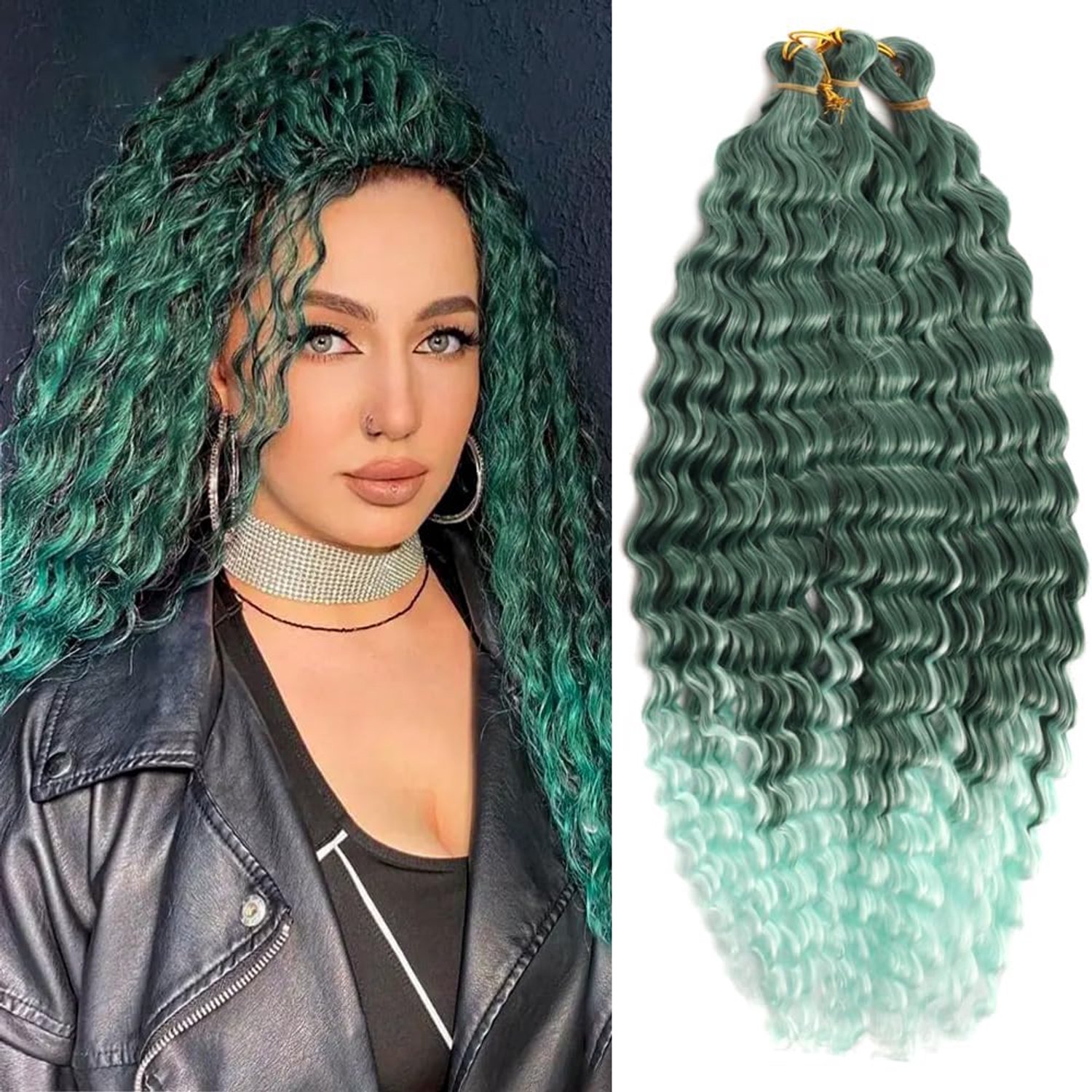3 Pakketten Ocean Wave Crochet Haarextensies voor Vrouwen, Lange Diepe Golvende Ombre Groene Krullende Synthetische Haar Boho Vlechten Locs Crochet Haar, 55,9 cm (Zwart Mix Groen)