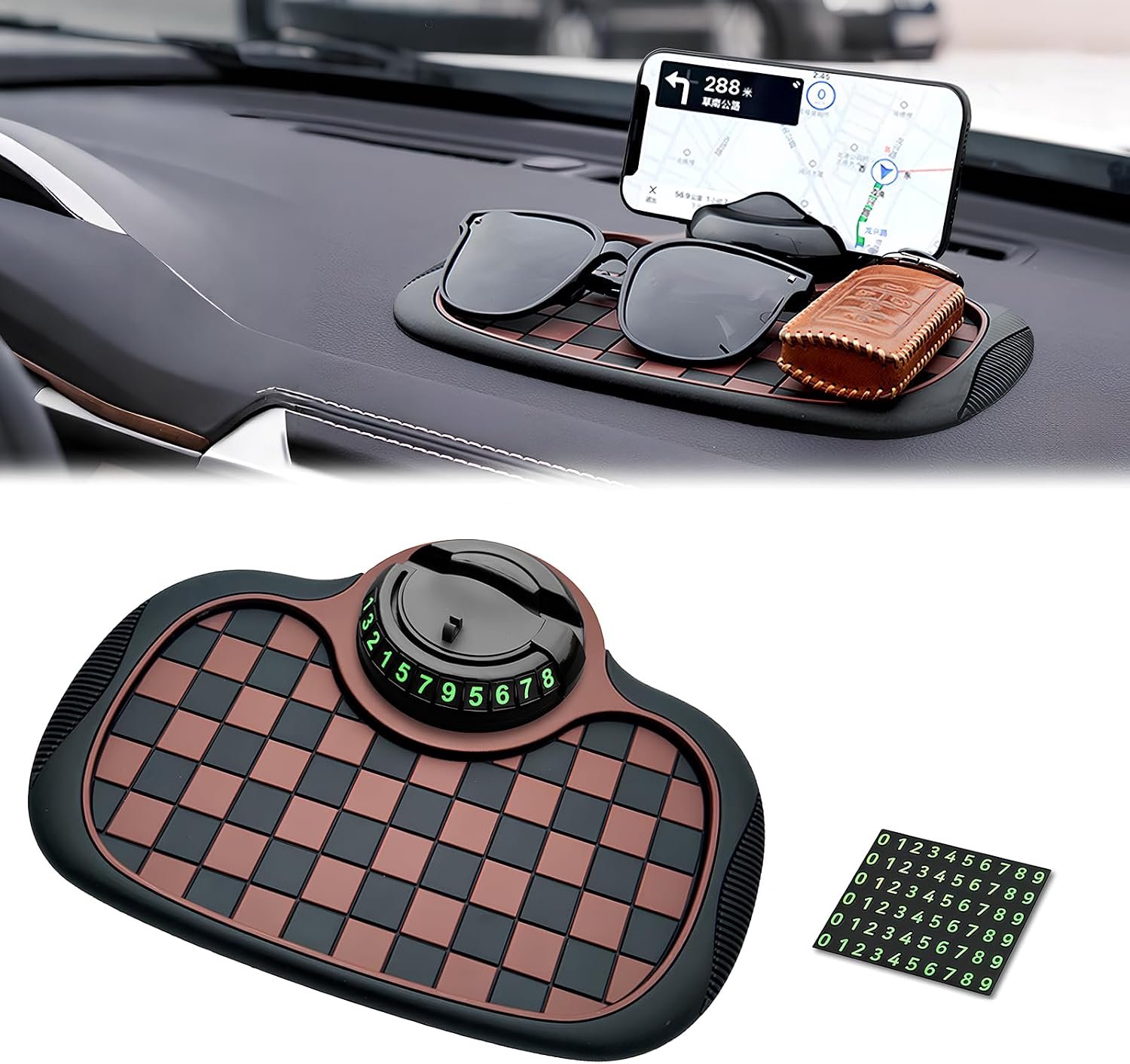 Antislipmat voor het dashboard van de auto – 360°-telefoonhouder met parkeernummer, universele antislipmat van siliconen voor sleutels (Zwart + Bruin)