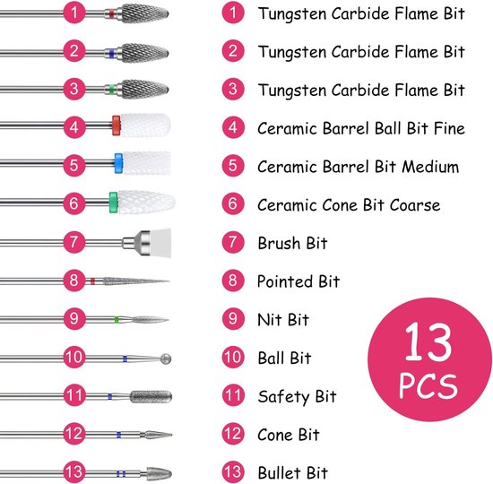 13 stuks nagelfreesopzetstukken, 3/32 inch, 3 x wolfraamcarbide punten, 3 x keramische boor, 6 x diamantboor, 1 x borstel, voor het verwijderen van gel — afbeelding 5