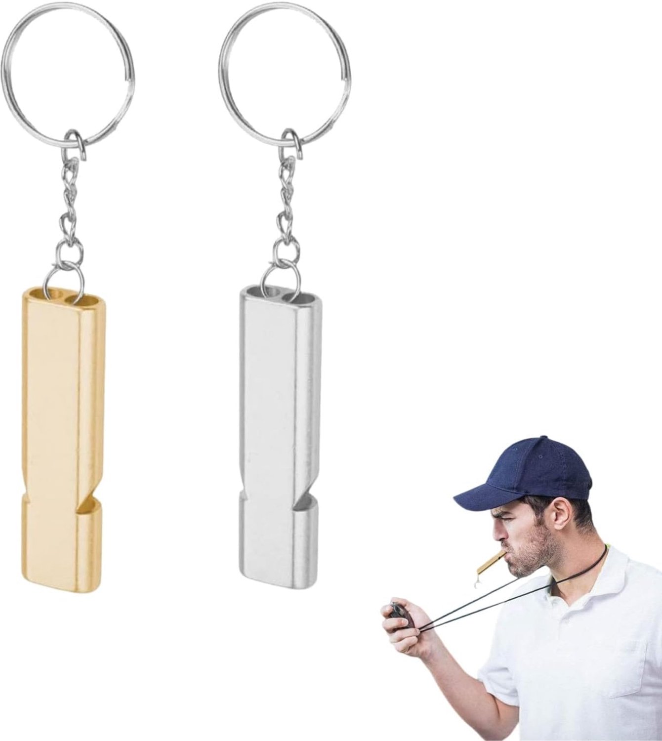 Noodfluitje, 2 stuks luide metalen fluitje met sleutelhanger (55 x 25 mm)