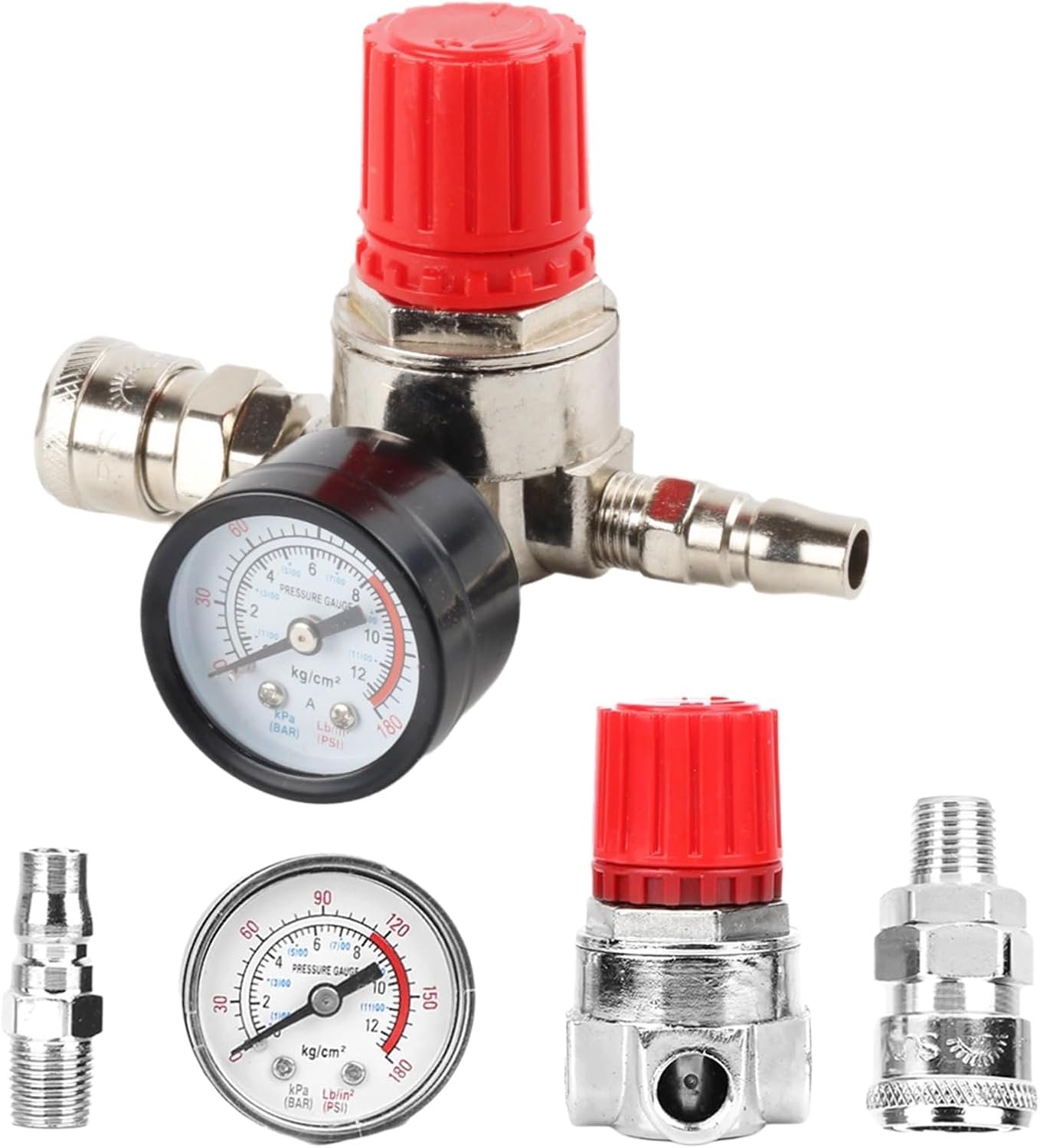 Pneumatischedrukregelaar, Drukregelventiel met aansluiting (3 gaten), Pneumatischedrukregelaar 1/4", Drukregelaarperslucht, Drukregelaarmet manometer voor compressor, geschikt voor compressoren