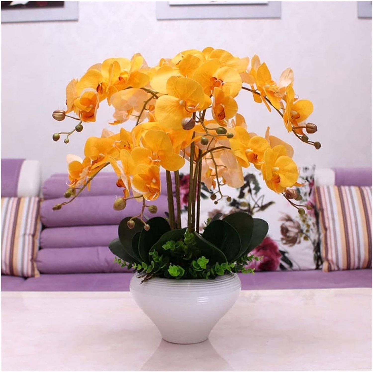 Kunstbloemen Simulatie bloem Phalaenopsis Set Woonkamer Fake Bloemdecoratie Woondecoratie Bloem Maaltijd aankleden met keramische vaas Decoratieve(Yellow)