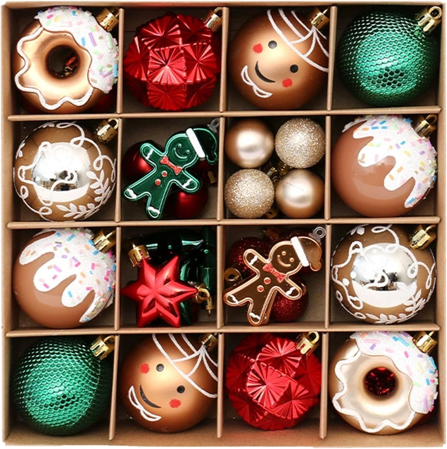 Kerstboom Decoraties|42 Stks/set Kerstballen Rood Groen Goud Boom Decor Onbreekbare Donut Peperkoek Opknoping Ballen voor Kerstbomen Vakantie Decor