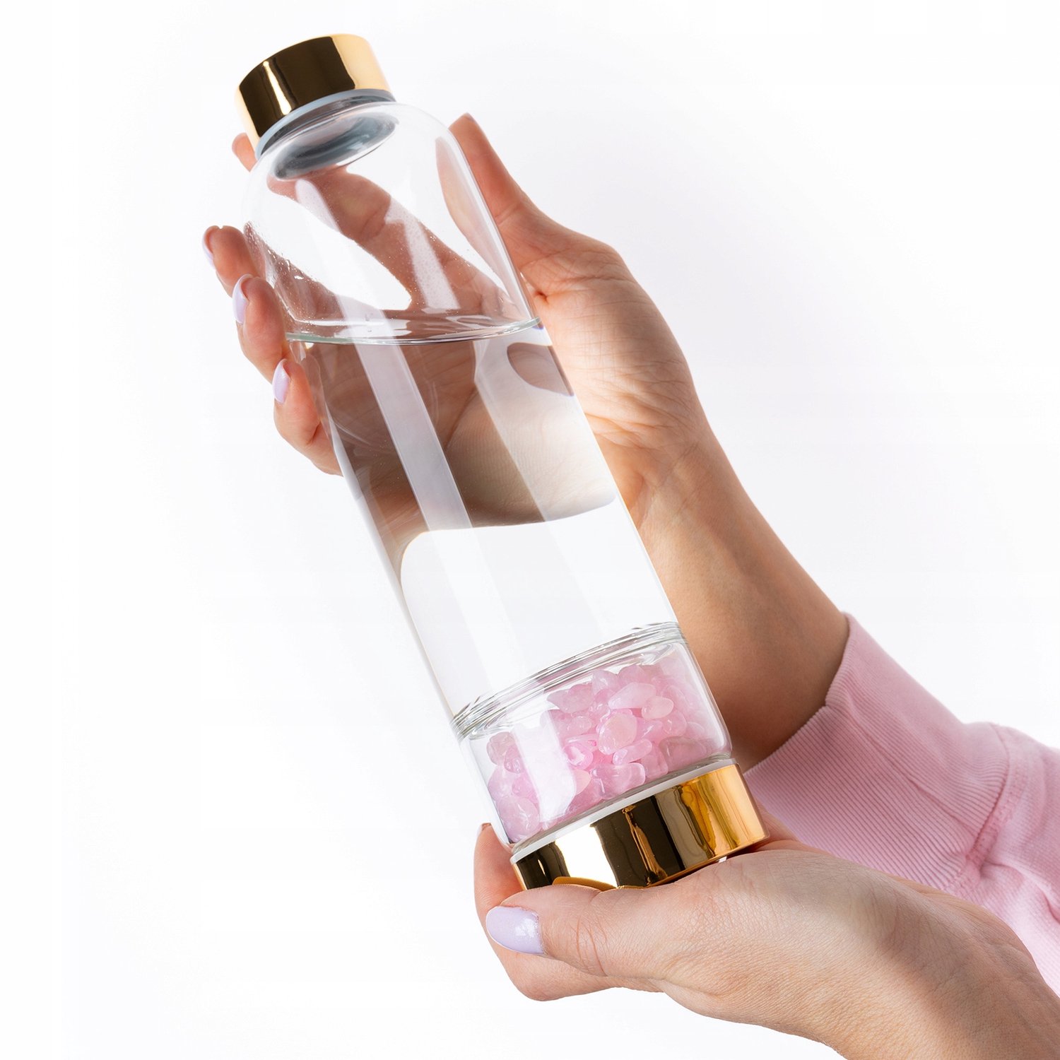 Merkloze glazen waterfles met edelsteen (450ml) inclusief hoes
