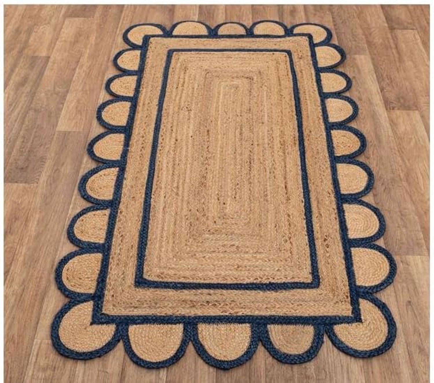 Geschulpte natuurlijke jute vloerkleden, gevlochten Boheemse woonkamer, boerderij, tapijten (natuur/blauw, 3 ft vierkant)