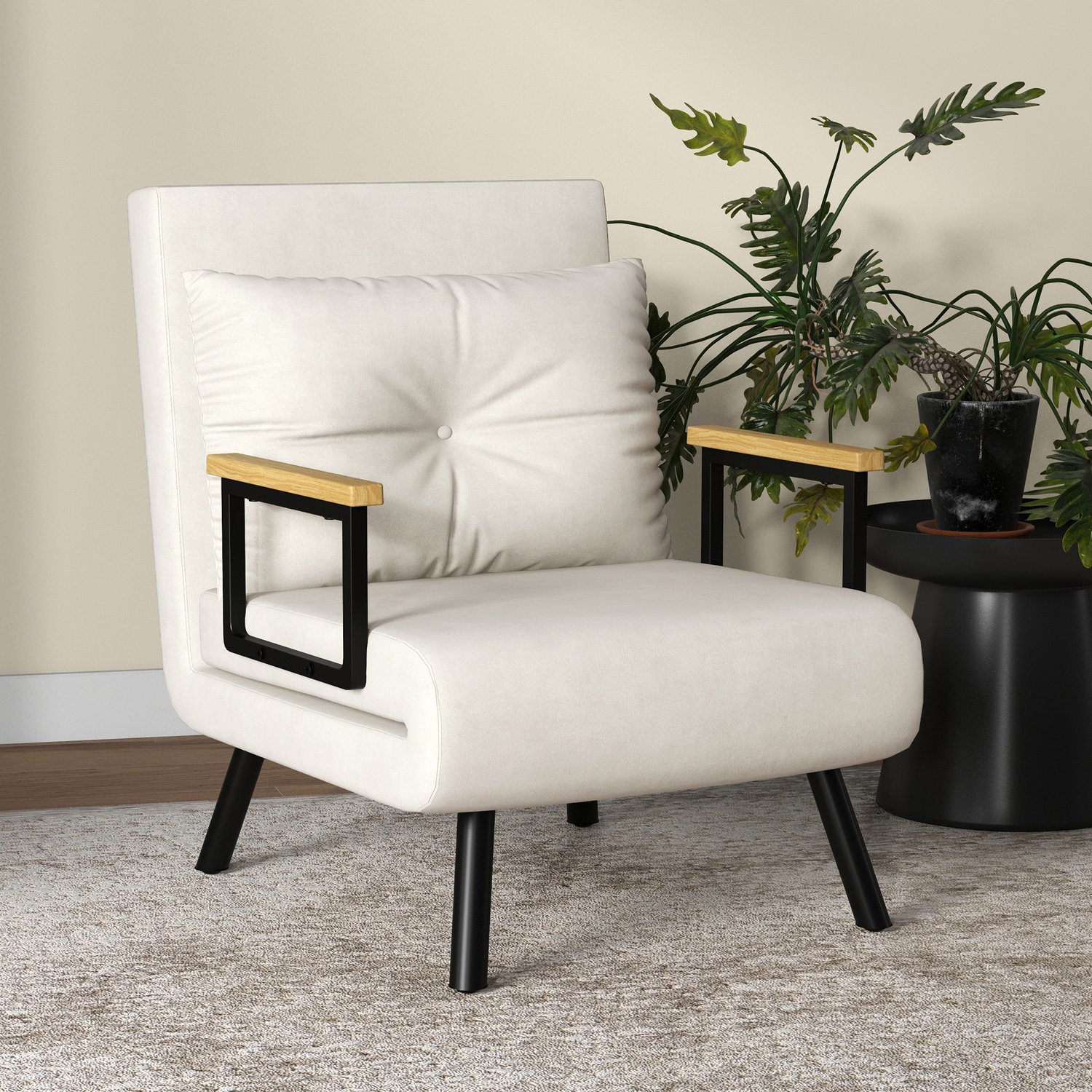 TEKROA® verstelbare fauteuil - leesstoel in Scandinavische stijl - inclusief kussen met knoopaccenten - 63B x 73T x 81H cm - crèmewit