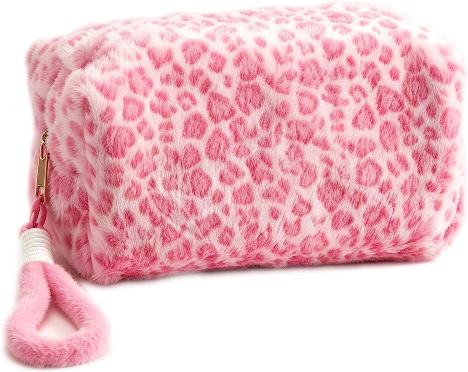 Make-uptas, klein luipaardpatroon, make-uptas, toilettas, draagbaar, pennenetui, wollige make-uptas met polsband voor vrouwen en meisjes, reiscadeau, roze, luipaardpatroon