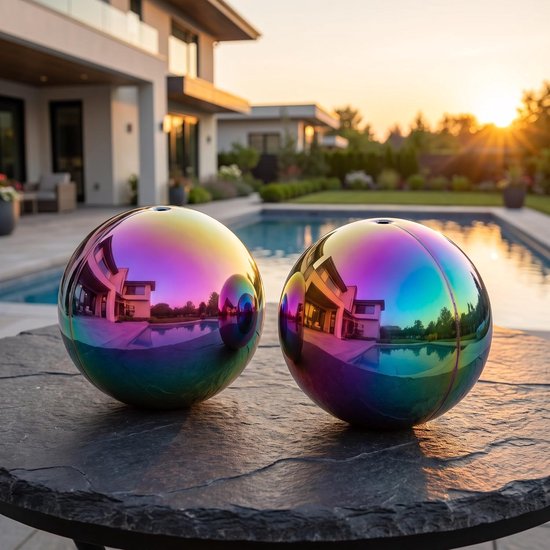 2 Stuks Roestvrijstalen Bol met Spiegelglans Lichtgewicht Metalen Decoratieve Tuinbollen Roestbestendig Reflecterend voor Buiten Tuin — afbeelding 2