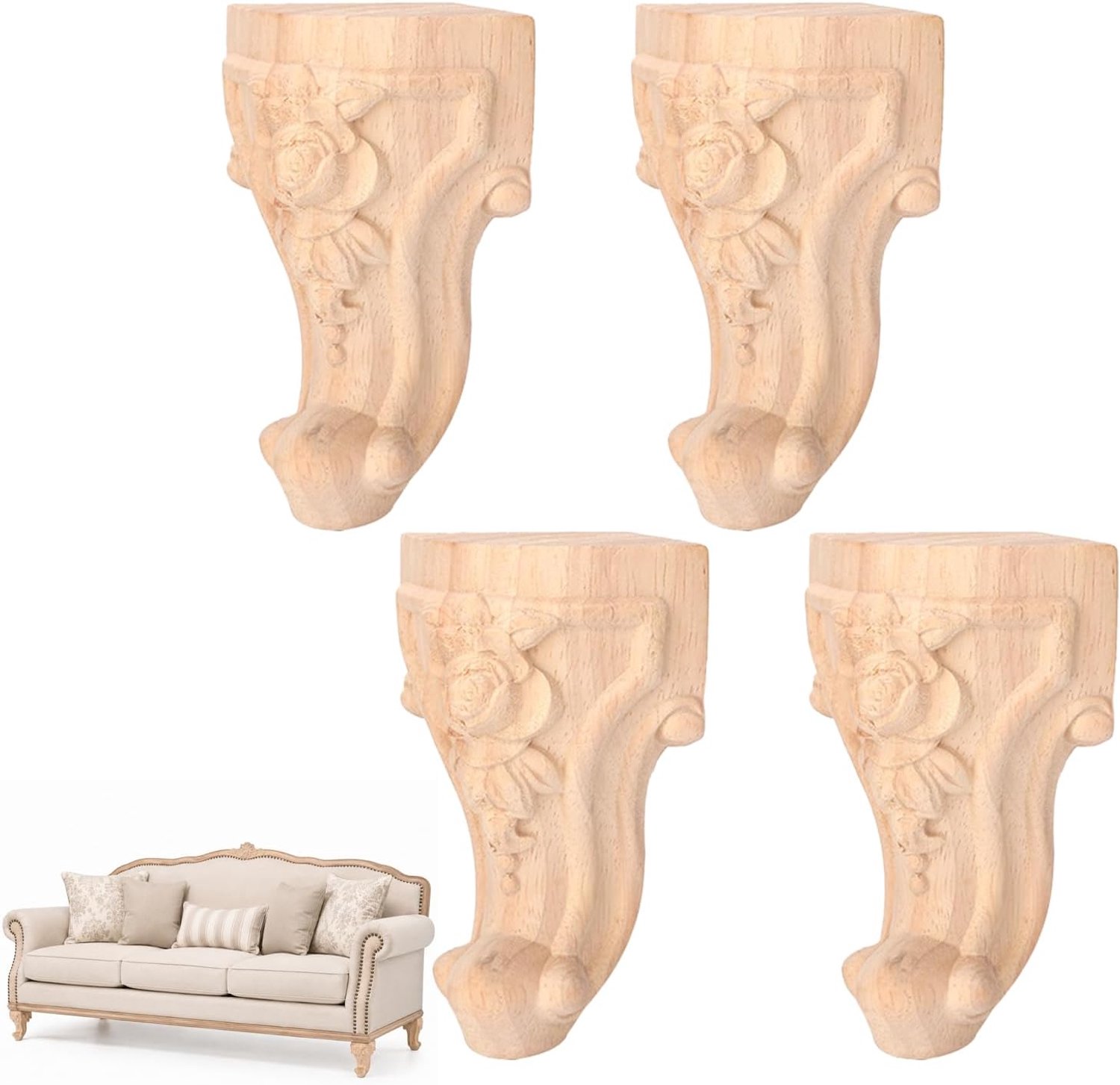 Houten meubelpoten Kastpoten Gesneden tafelpoten Vervanging Massief houten meubelpoten Bankpoten Decoratie Europese stijl, 4 stuks (10 * 5cm)