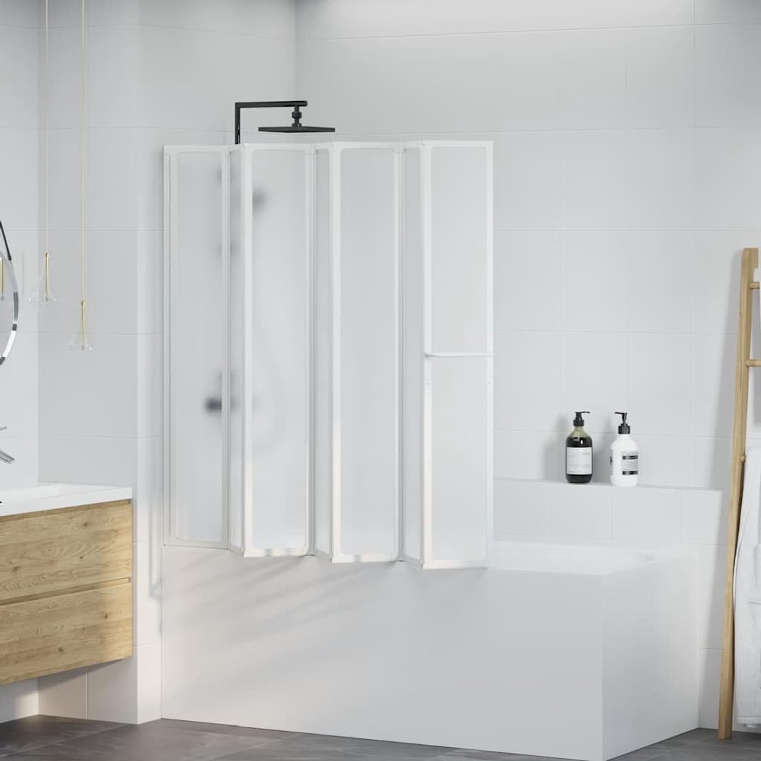 Opvouwbare douchewand, 140 x 168 cm, 7-delige spatbescherming van PP-board met aluminium frame en handdoekhouder, ruimtebesparende douchewand voor badkuipen, wit