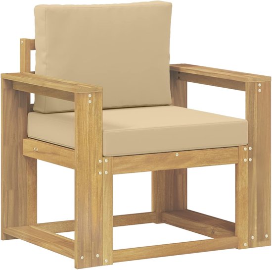 2 Stuks Buiten Bankenset Polyester Wit Beige Massief Acaciahout Weerbestendig Tuinmeubelen Modulair Ontwerp voor Terras Balkon met Kussens Inclusief 110kg Draagkracht — afbeelding 2