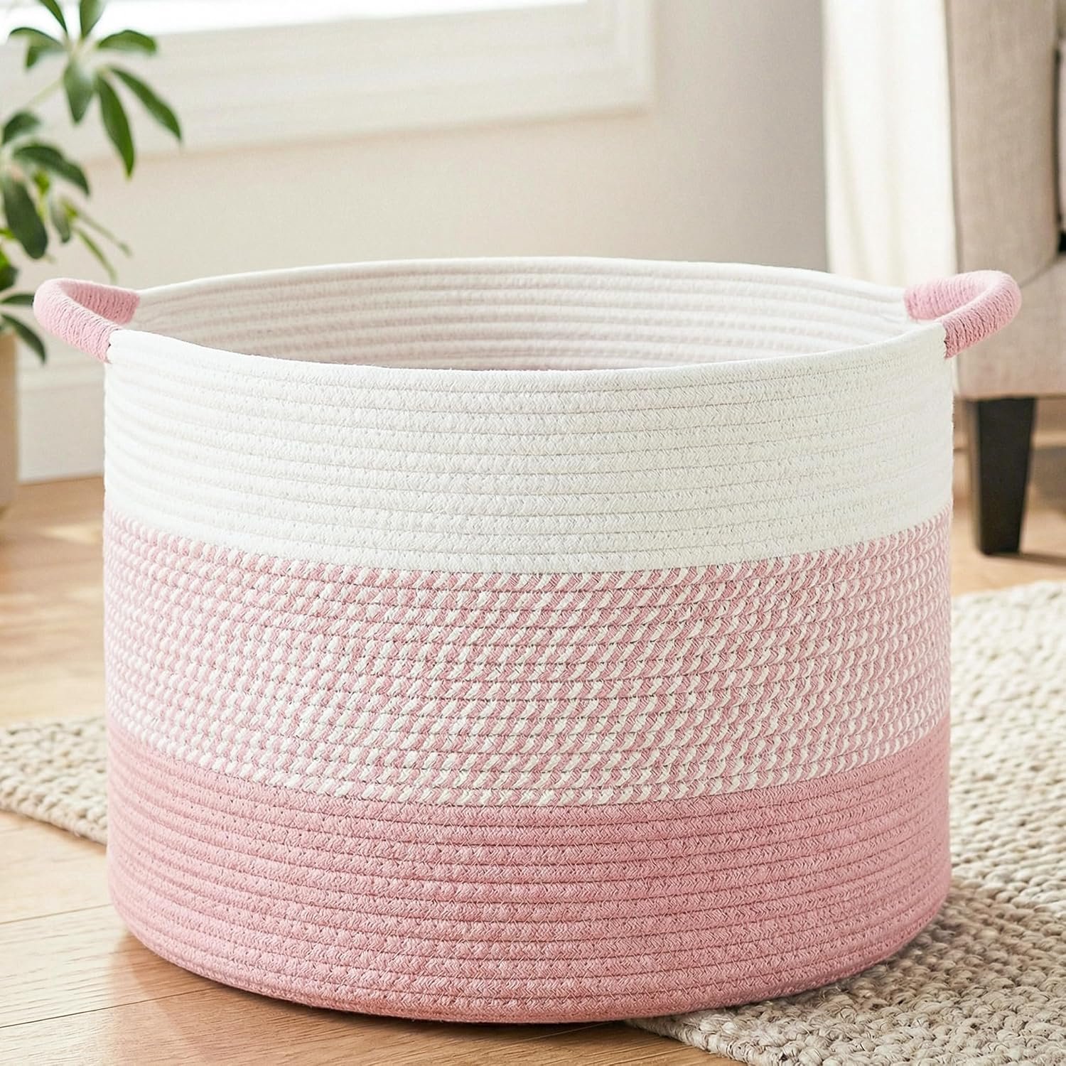 Grote natuurlijke geweven dekmand, 70 l, boho-decoratieve katoenen touwmand voor dekens, kussens en peuterspeelgoed, opslag van touwdeken voor woonkamer, wasgoed