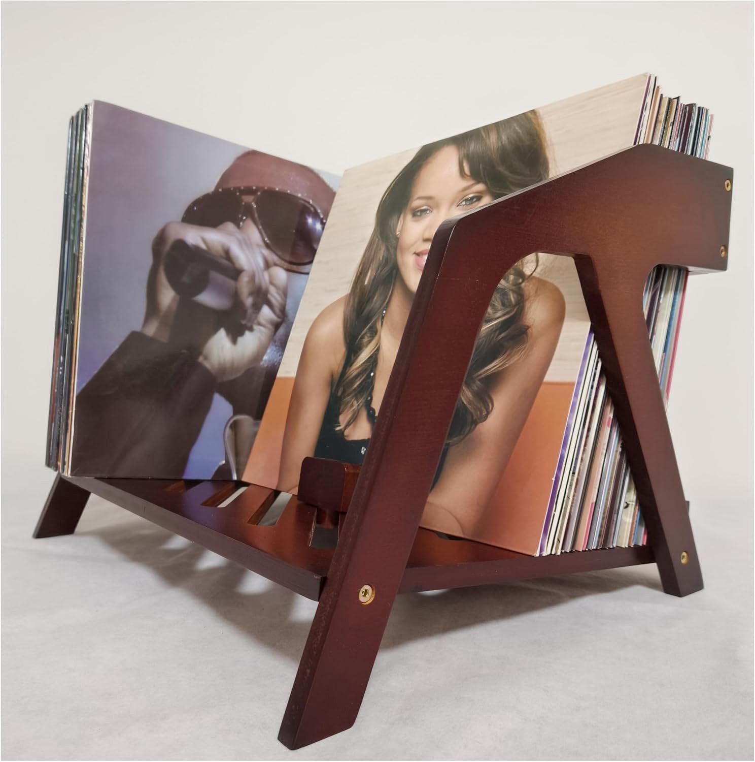 Vinyl Platenhouder - Bruin - 42 x 31,5 x 28 cm - Bamboe met Stoelontwerp - Voor Vinylverzamelaars
