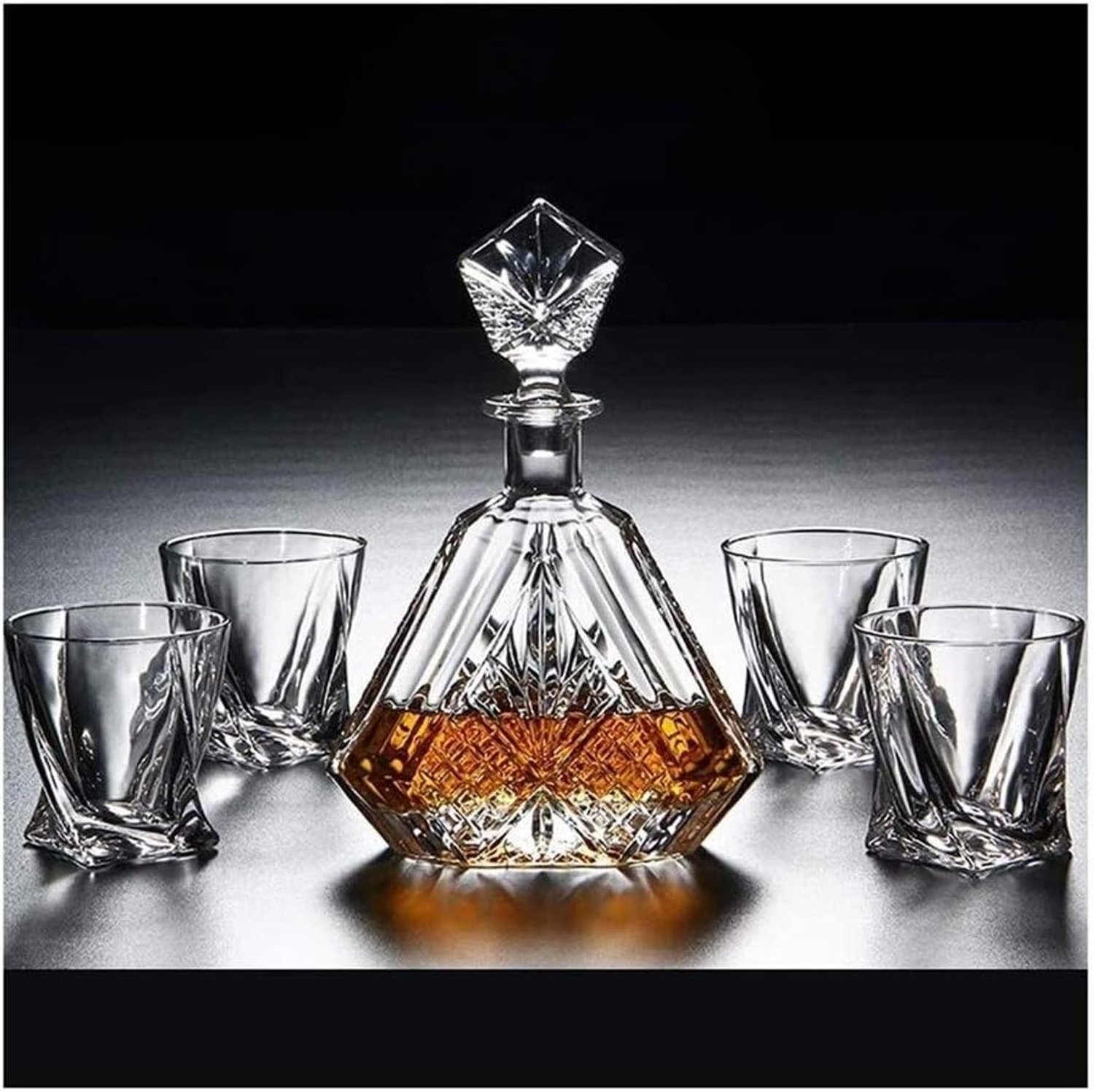 Flessenrek, wijnrek, wijnglashouder, 5-delige whiskykaraf, glazenset, 100% loodvrij kristalglas, whiskykaraf, 650 ml, met glazen deksel, Fast Sober Up voor rode wijn, brandewijnlikeur