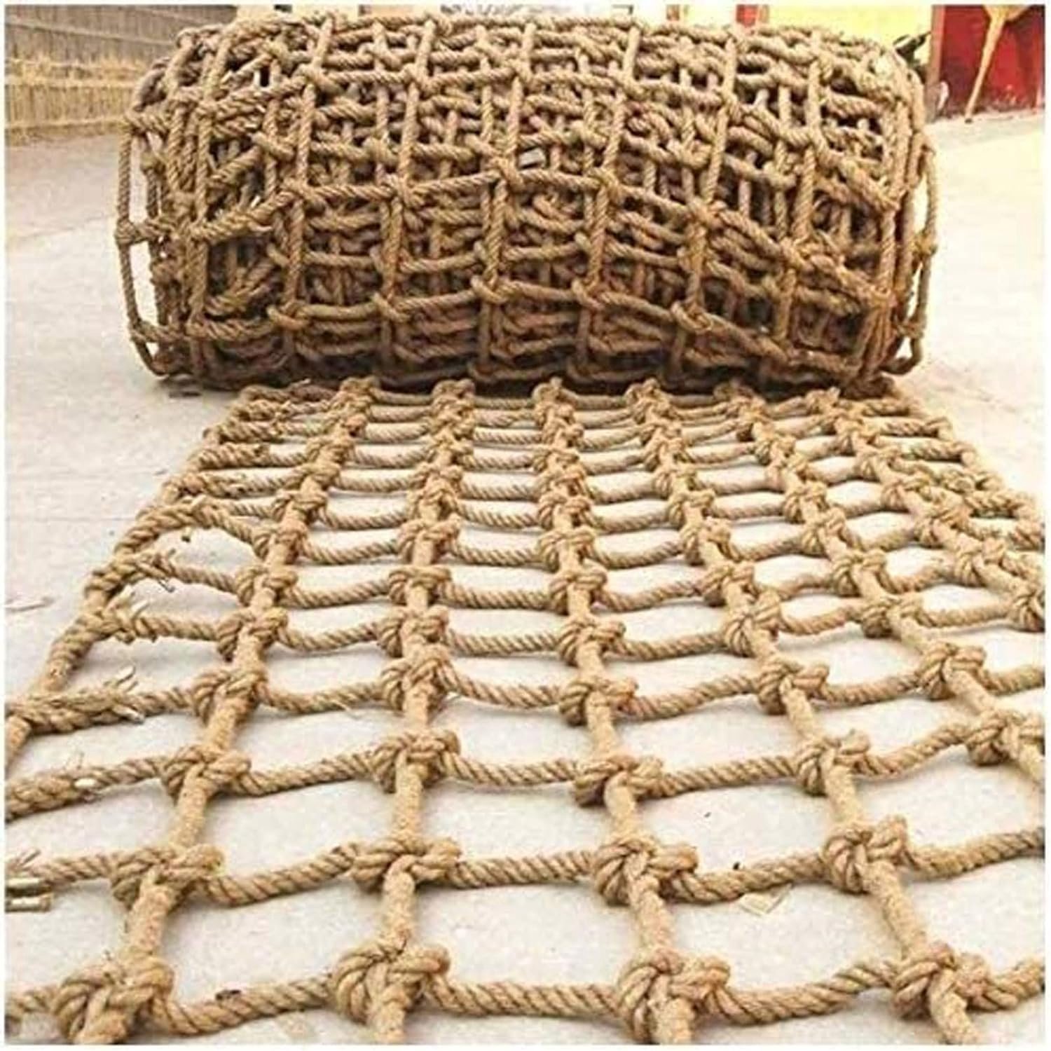Klimmet Retro hennepgaastouw for schommelhangmat balkon, groot formaat touwnet for speelplaatsleuning Jute Net Plantondersteuningsnet(4m*5m)