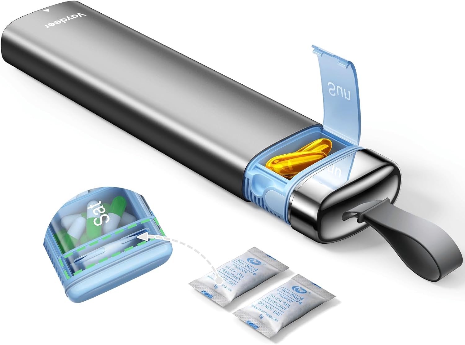 7-Daagse Pillen Organizer met Desiccant Compartment - Weekdoos voor Medicijnen, Luchtdichte Reisdoos voor Tabletten en Vitaminen met Handvat (Grijs)
