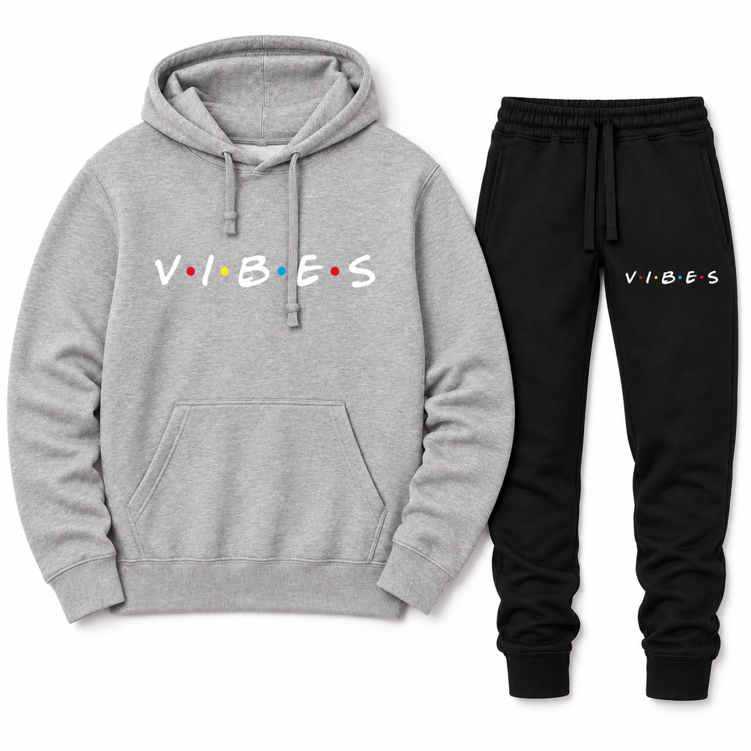 Trainingspak Heren - Joggingpak met Hoodie en Sportbroek - Katoen - Vibes print - Grijs - 5XL