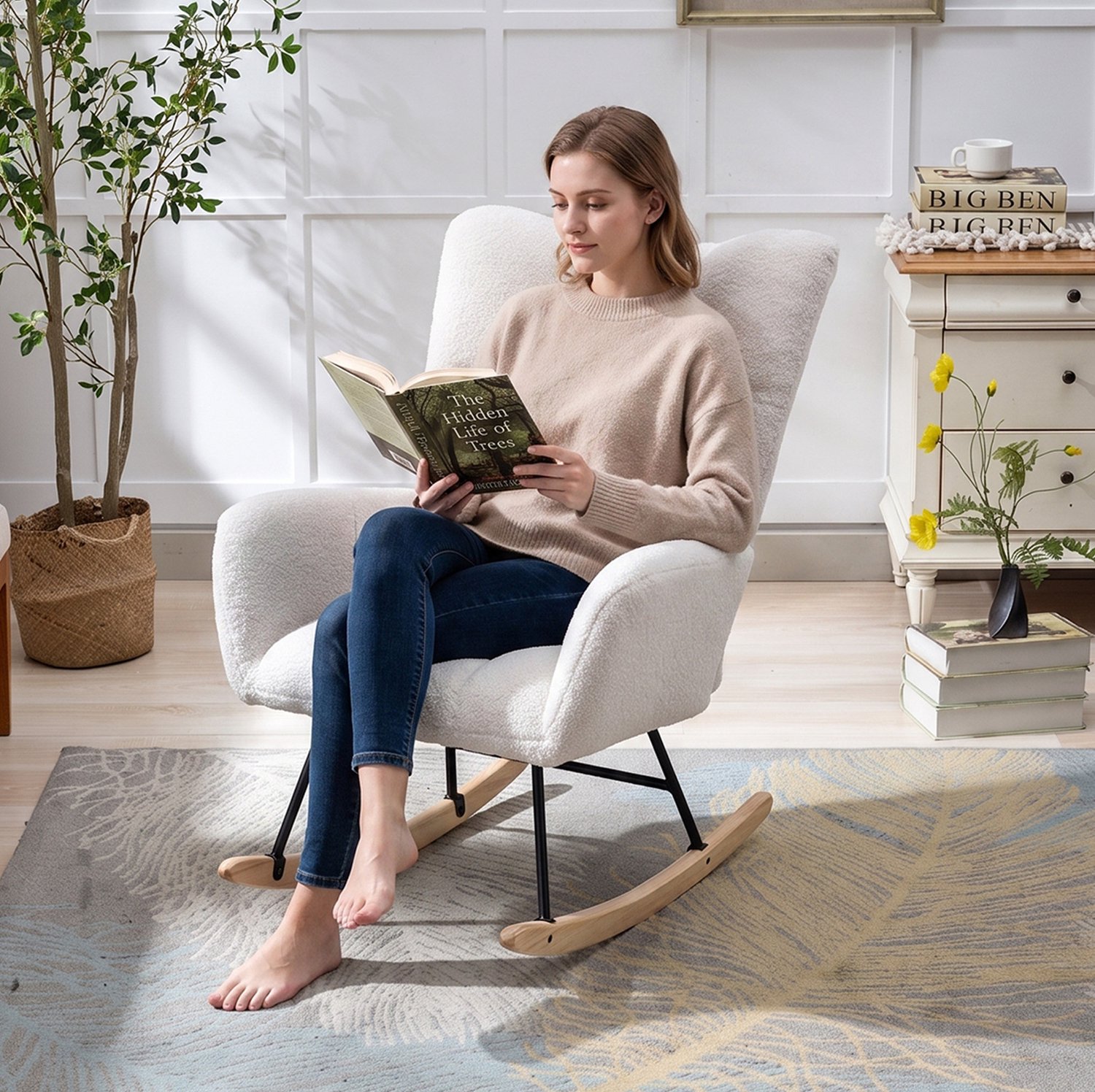 DESMIU Schommelstoel 65 x 77 x 90 cm - Ergonomische Fauteuil Met Zijvak - Kinderkamer, Woonkamer En Slaapkamer - Teddystof Wit