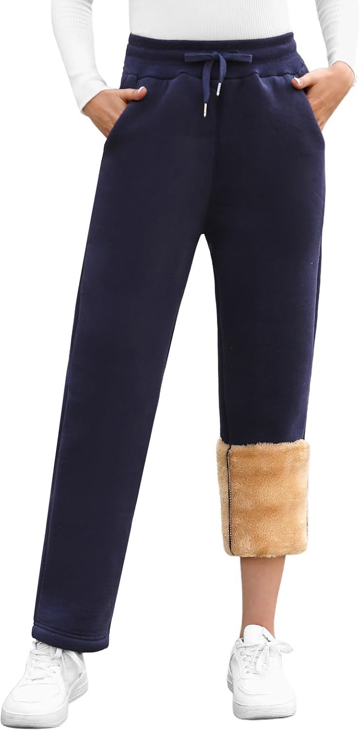 Voqeen Joggingbroek voor dames, warm gevoerd, winter, thermische fleece, verdikte loopbroek, vrijetijdsbroek met trekkoord, sherpa-binnenvoering, comfortabele sweatbroek