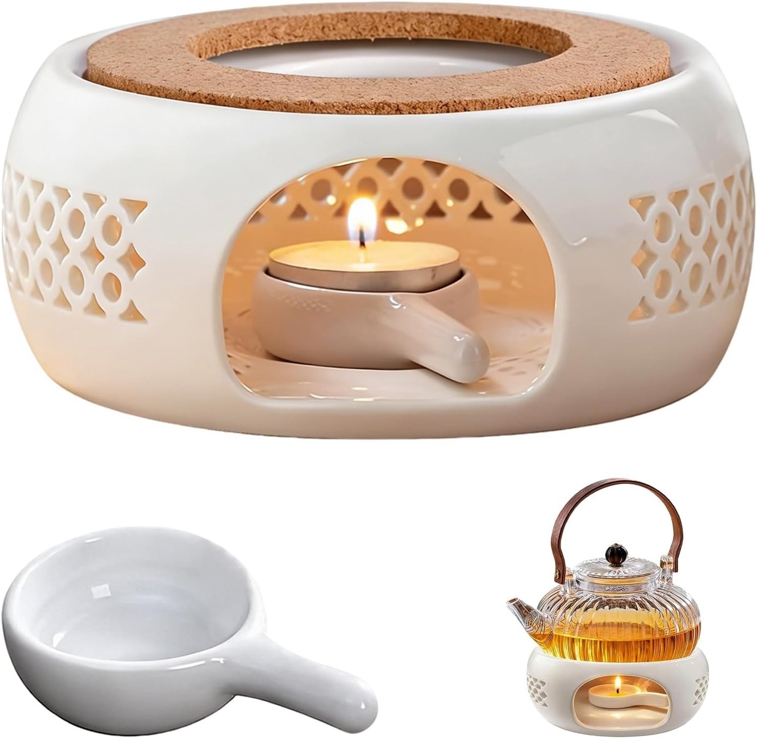 Stoofje voor Theepot - Wit - 14,5 cm - Keramiek met Gietijzeren Kookmat - Voor Thee, Koffie en Melk