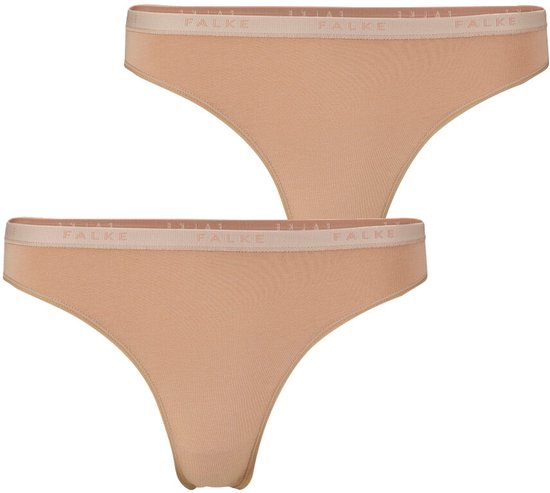 Twee Falke dames strings in huidskleur met Falke logo op de band.