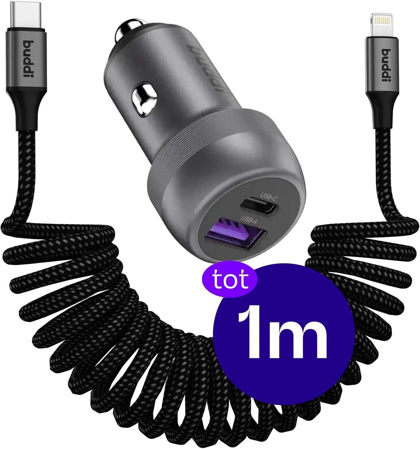 Buddi Power USB - C Autolader & USB - A + C Poort met USB-C naar Lightning Krulsnoer Kabel | Snelladen 89W | Compact formaat | Telefoon oplader voor in de auto | Geschikt voor sigarettenaansteker