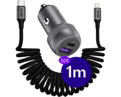 Buddi Power USB - C Autolader & USB - A + C Poort met USB-C naar Lightning Krulsnoer Kabel | Snelladen 89W | Compact formaat | Telefoon oplader voor in de auto | Geschikt voor sigarettenaansteker