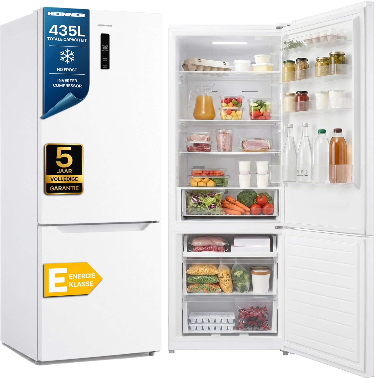 Heinner HCNF-M435INVE++ Koel-vriescombinatie Wit 435 L – No Frost – Vrijstaand – LED-display met Supervriezen & Superkoelen – Omkeerbare Deuren – 5 Jaar Garantie