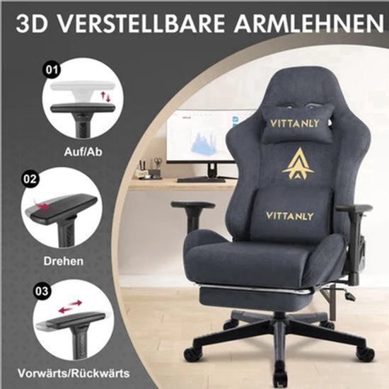 Gamingstoel – Gamestoel – Gaming Chair – Game Stoel – Bureaustoel – Natuurlijk Suède – Ergonomisch Met Voetensteun – Verstelbare Rugleuning 90°-155° — afbeelding 3