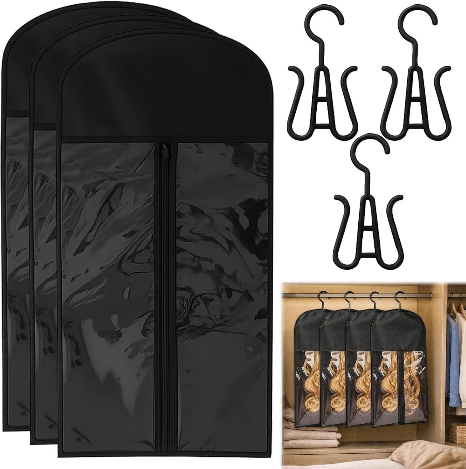 Set van 3 Opbergzakken voor Wimpers, Stofdichte Tas met Hanger en Rits voor Haarextensions, 29 x 60 cm, Ideaal voor Reizen en Bescherming tegen Stof