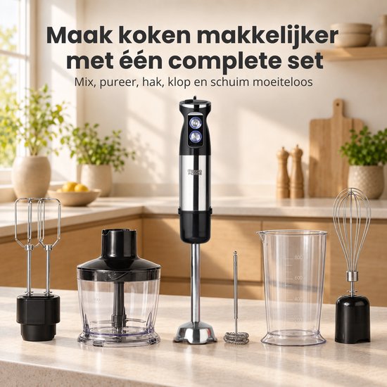 Goodforce 7 delige Staafmixerset - Inclusief Hakmolen, garde, melkopschuimer, klopper & Maatbeker - krachtig & vaatwasserbestendig - 12 snelheden + turbofunctie - 1000W - PFAS-vrij van GoodForce — afbeelding 2