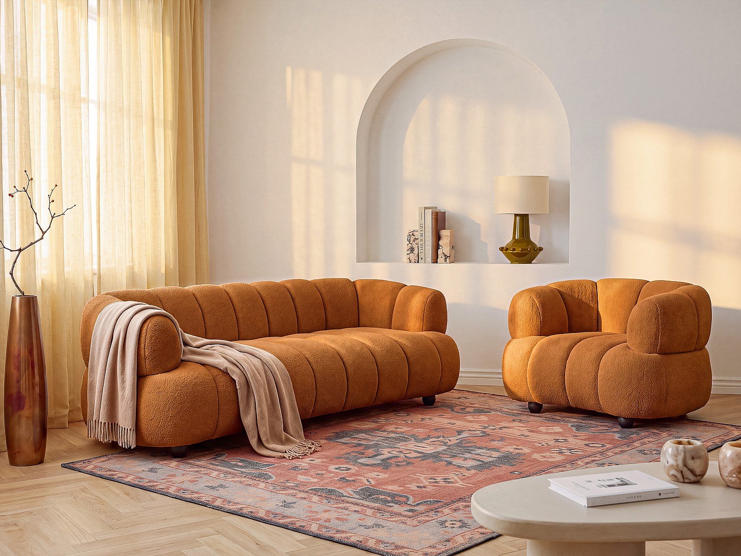 Vente-unique Driezitsbank en fauteuil in terracotta boucléstof COLIANI