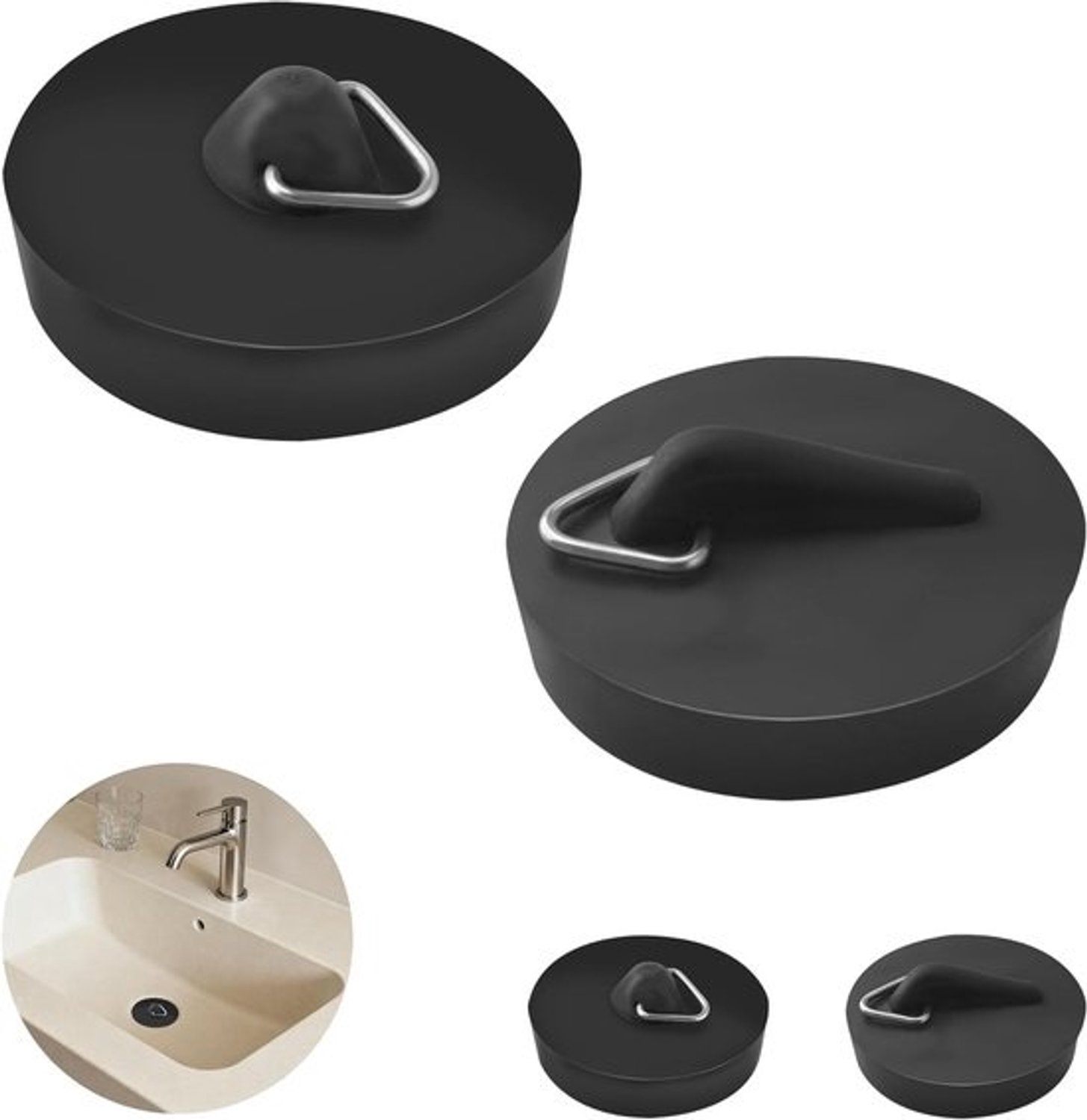 4x universele afvoerstop - zwart - Rubberen dop voor bad, wastafel en keuken - Waterdicht
