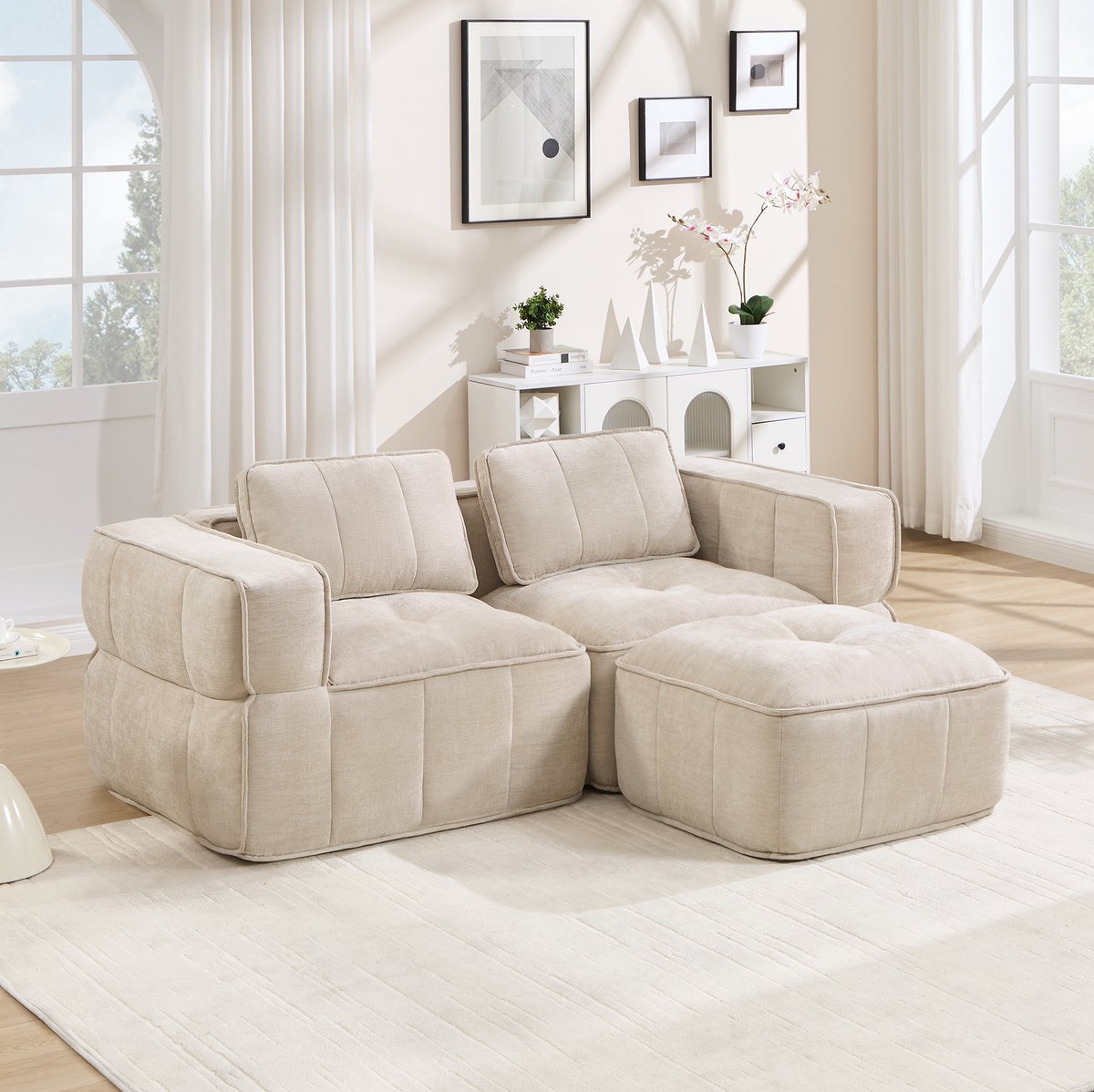 COVREO L-vormige hoekbank met hocker – 198x162x67 cm – Modulaire 2-zitsbank met diepe zit – Zitmeubel voor woonkamer – Beige