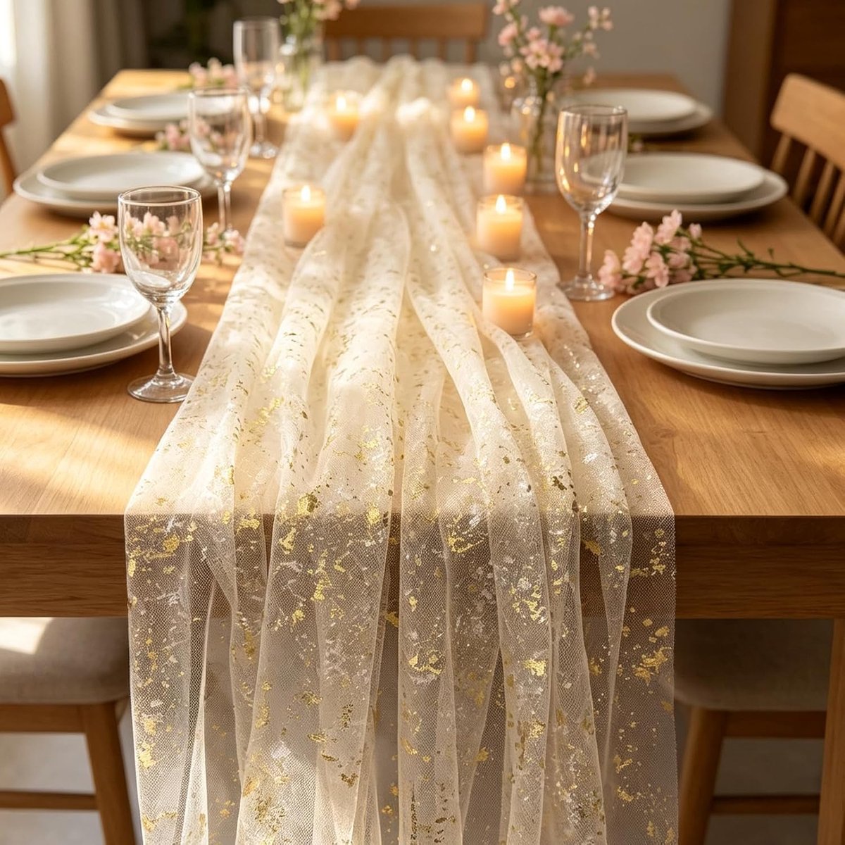 Tafelloper goud beige 70x300cm tule per meter voor tafeldecoratie bruiloft