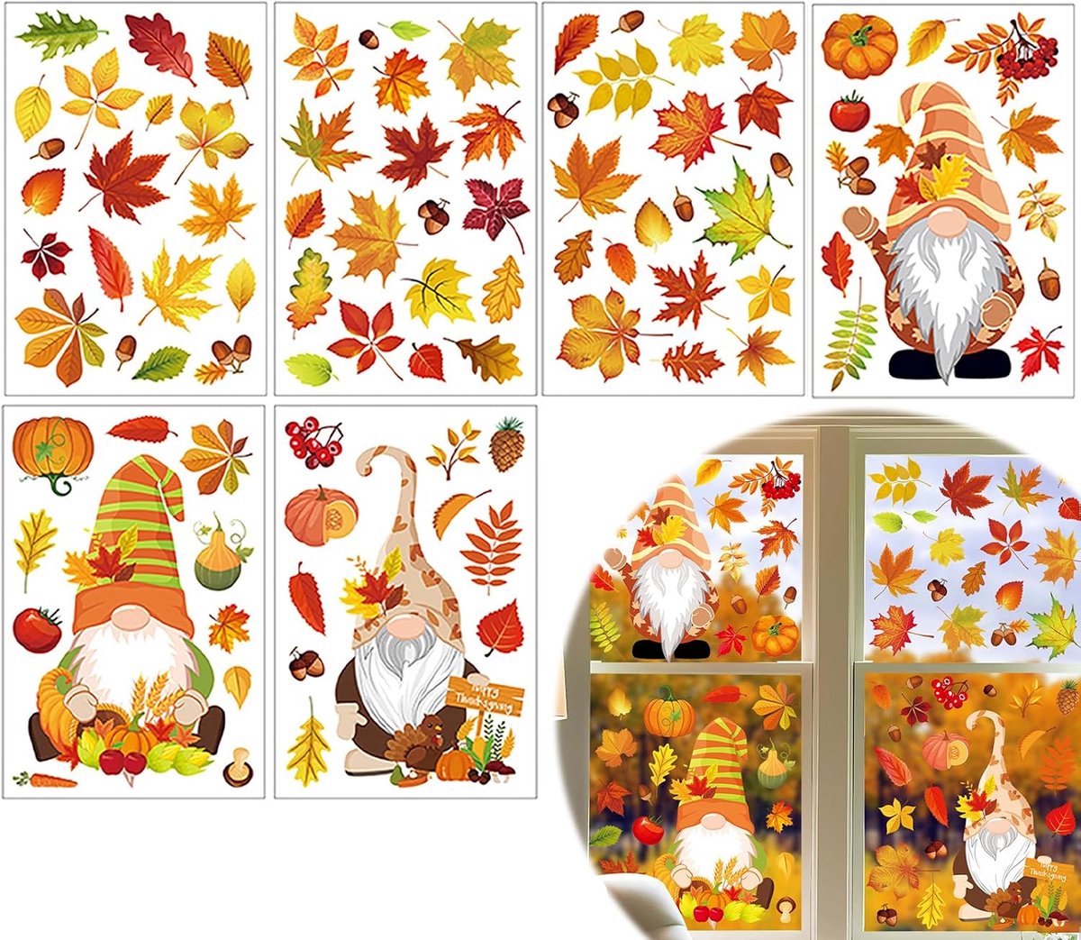 Raamstickers, herfst, 93 stuks, herfstdecoratie, elektrostatisch, dubbelzijdig, pompoen, esdoornblad, dwerg, dieren, voor Thanksgiving, feest, huis, raam