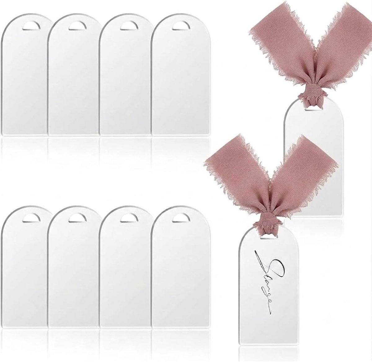 10 stuks acryl tafelkaarten, wit met lint, 9 x 4,5 cm, gebogen plaatskaarten, bruiloft, doe-het-zelf naambordjes en zitplaatskaarten, blanco hanger voor bruiloftsdecoratie, gereserveerde borden voor
