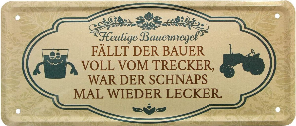 Valt de boer volledig van trekker. Boerenregel 28x12 deco blikken bord decoratie 2130