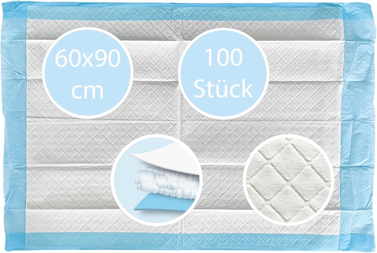 Premium ziekenonderleggers, 60 × 90 cm, 100 stuks, wegwerp-incontinentieonderlegger met cellulose-sap-zuigkern en PE-onderkant, aankleed- en puppyonderlegger
