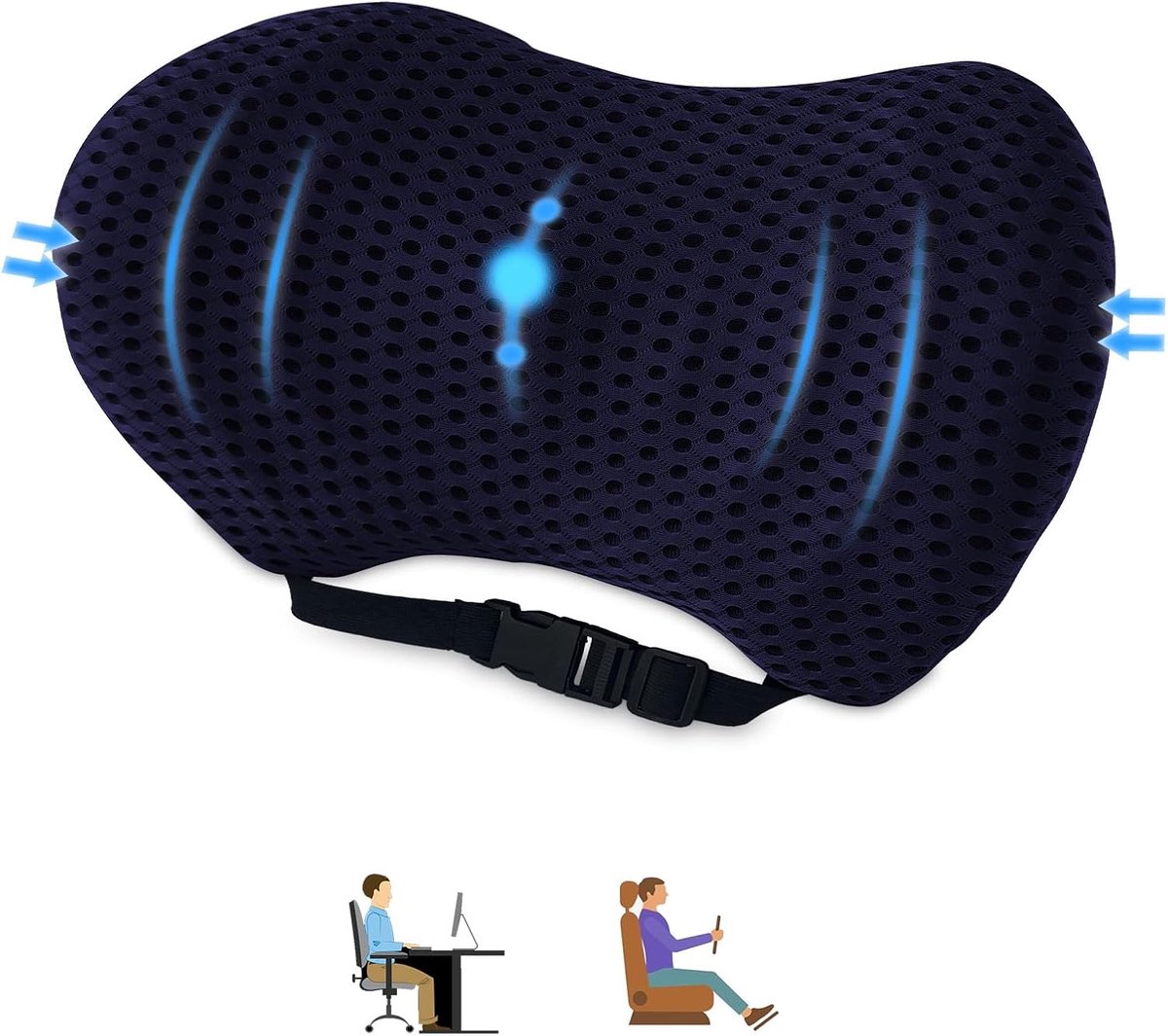 Lendenkussen voor auto, rugkussen van traagschuim voor autostoel, verstelbaar lendensteunkussen, vermindert de druk van de lumbale wervelkolom voor thuis, kantoor, auto (Marineblauw)
