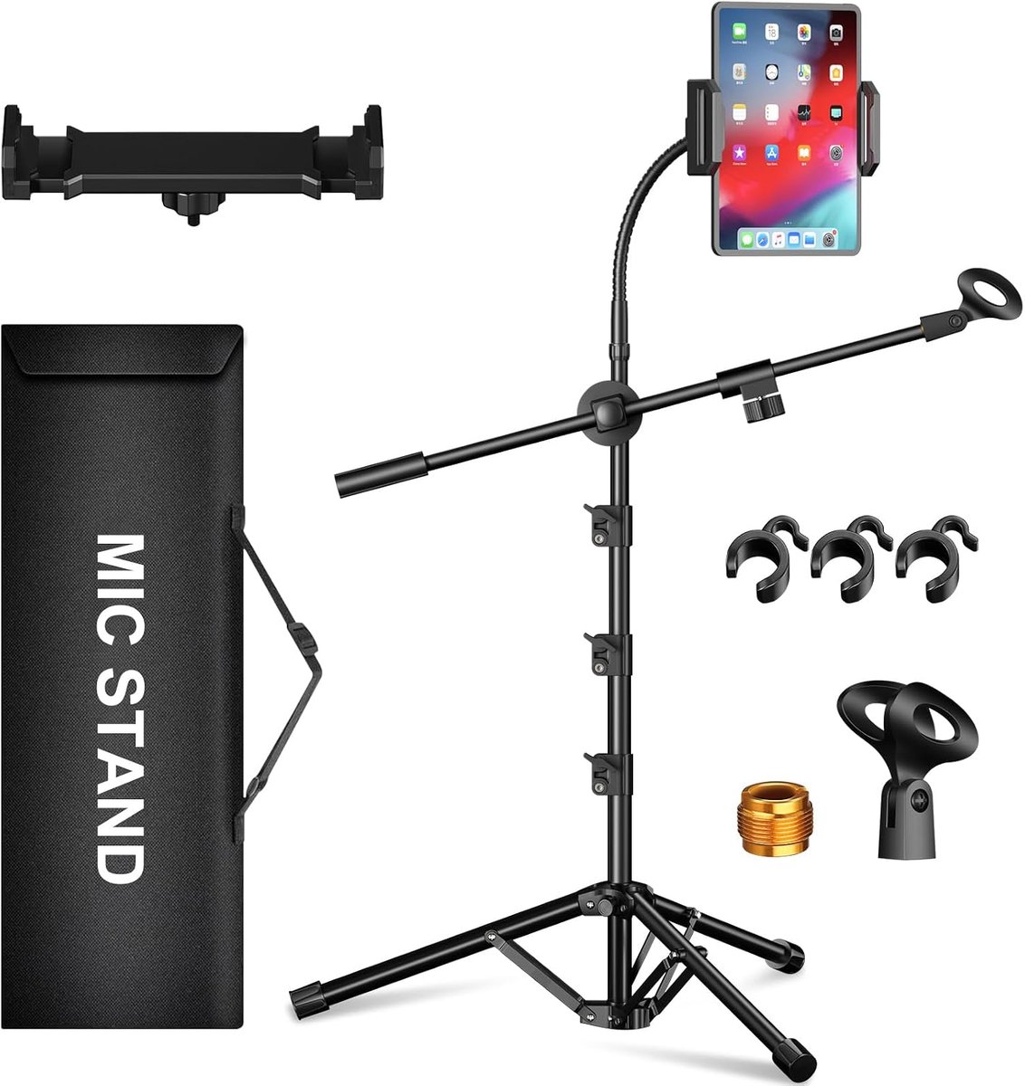 6-in-1 microfoonstandaard met vloerboom, steunboom, zwanenhals, microfoonclips, tablet-telefoonhouder, zwart, metaal, draagbaar, verstelbaar
