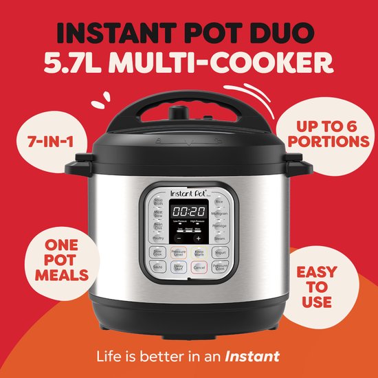 Instant Pot Duo 5,7L multicooker met 7-in-1 functies, geschikt voor 6 porties en éénpansmaaltijden.