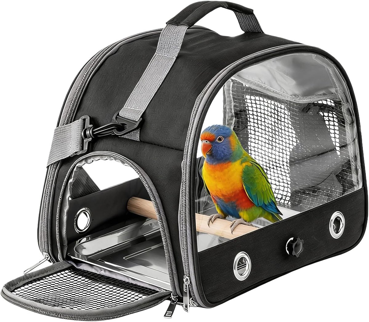 Draagtas voor vogels met roestvrijstalen lade en staande hendel, ademende, draagbare kooi voor golfpapegaaien / kleine dieren, kleur zwart