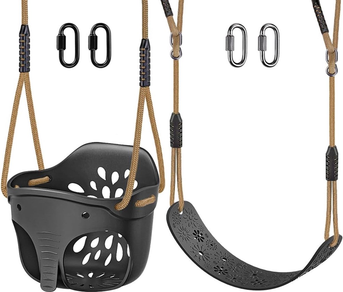 Peuter Swing Set Accessoires, Hoge Rug Volledige Emmer Swing Zitplaatsen met Verstelbaar Touw en 4 Vergrendelbare Karabijnhaken, Schattig Olifantenvorm Ontwerp 600 Lbs Capaciteit (2 Pack)