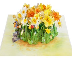 Pop-up verjaardagskaart 3D - Daffodils en vogels - Voor moeder of grootmoeder - Unieke dankkaart - ShopVlot