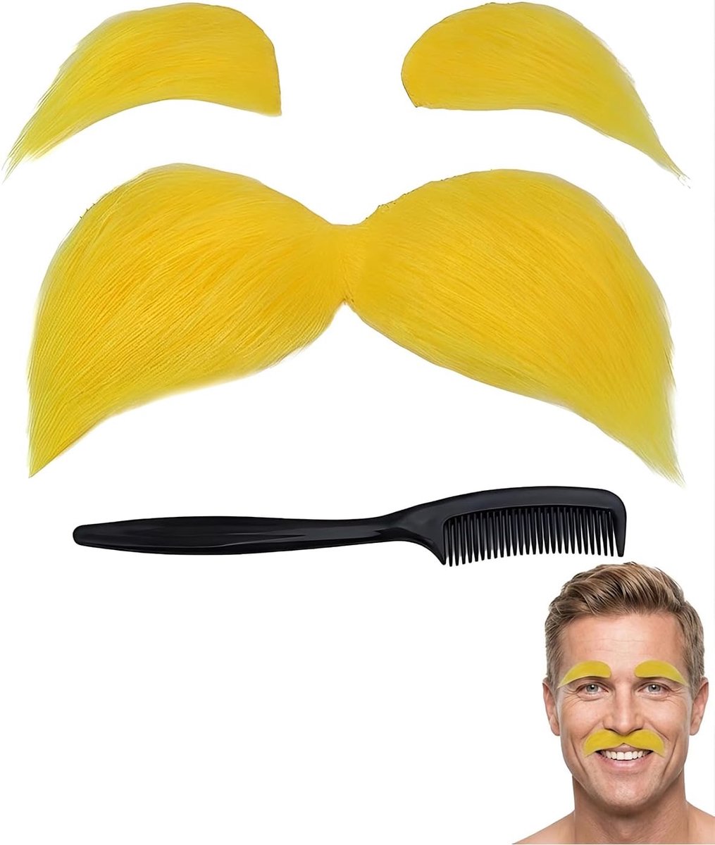 Snor & baard, set van 3 met kwast, zelfklevend en zonder resten verwijderbaar, hypoallergene vezels voor perfecte grip, ideaal voor Lorax-kostuum, Halloween en carnaval