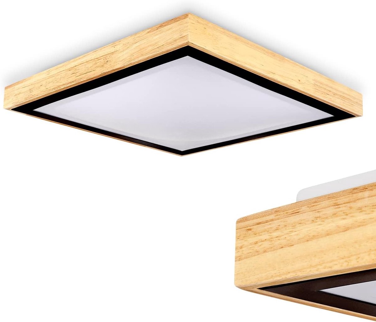plafondlamp Corinto, plafondlamp van metaal/hout/kunststof in naturel/zwart/wit, hoekig, 35 cm x 35 cm, 2400 lumen, 3000 K, 1 x LED 24 Watt